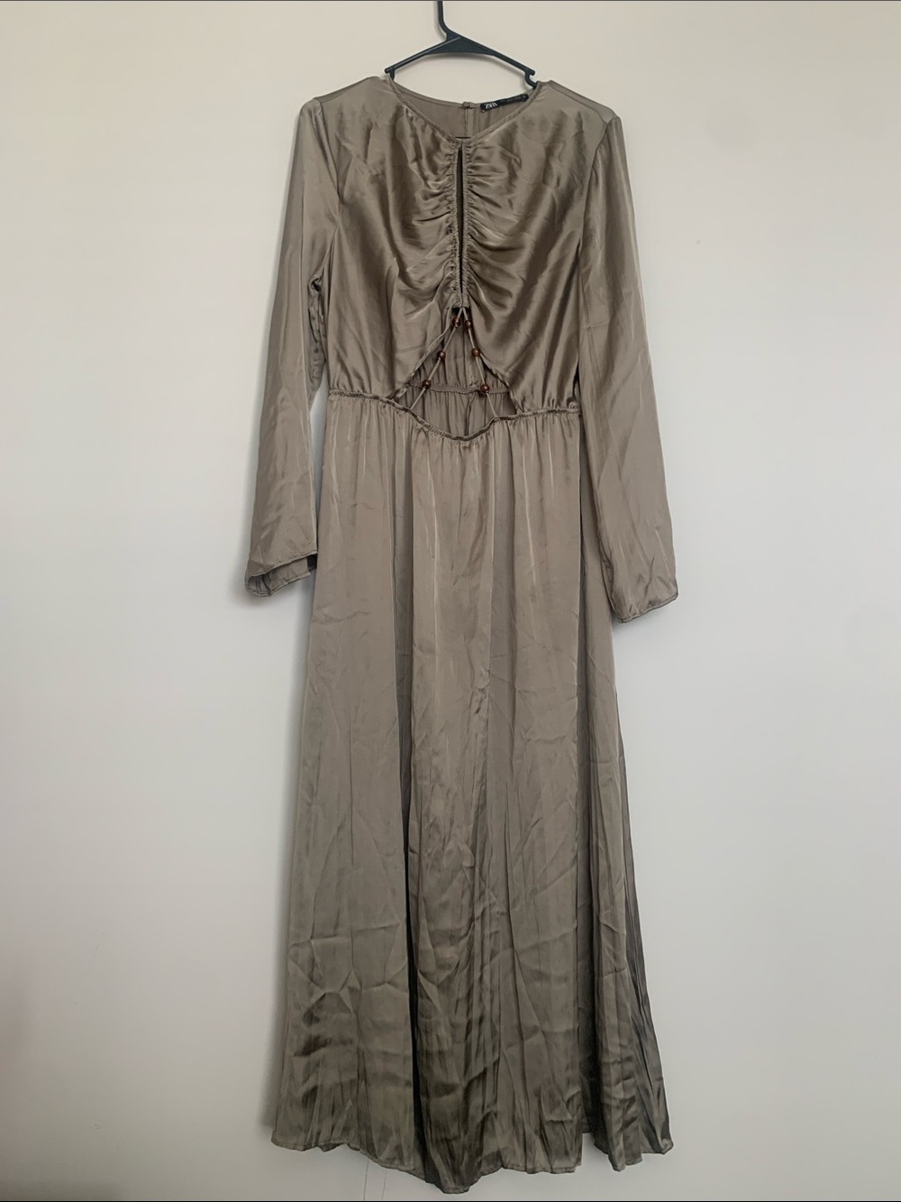 Zara Olive Green Long Sleeve Maxi Dress with Beaded Cutout